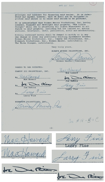The Three Stooges Twice-Signed Contract From May 1970 Regarding ''Little Stooges'' -- Signed Twice by Moe Howard, Larry Fine & Joe DeRita -- Two Pages in Folder Measuring 9'' 11.5'' -- Near Fine
